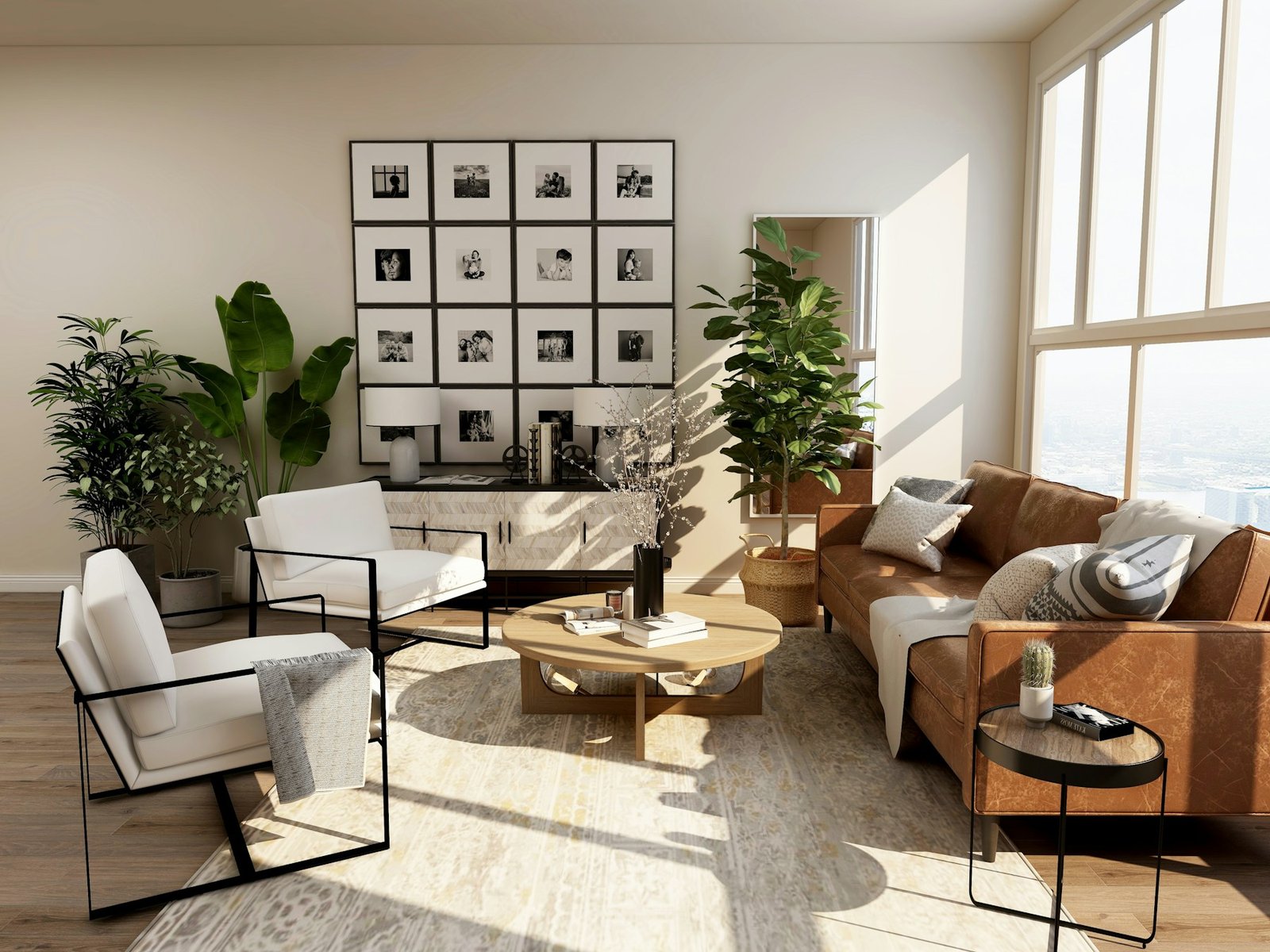 A considered living space with natural materials and warm light